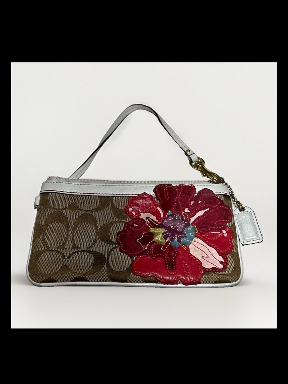 Coach Poppy Wristlet, Floral Appliqué Signature Canvas, White Leather Trim Brass